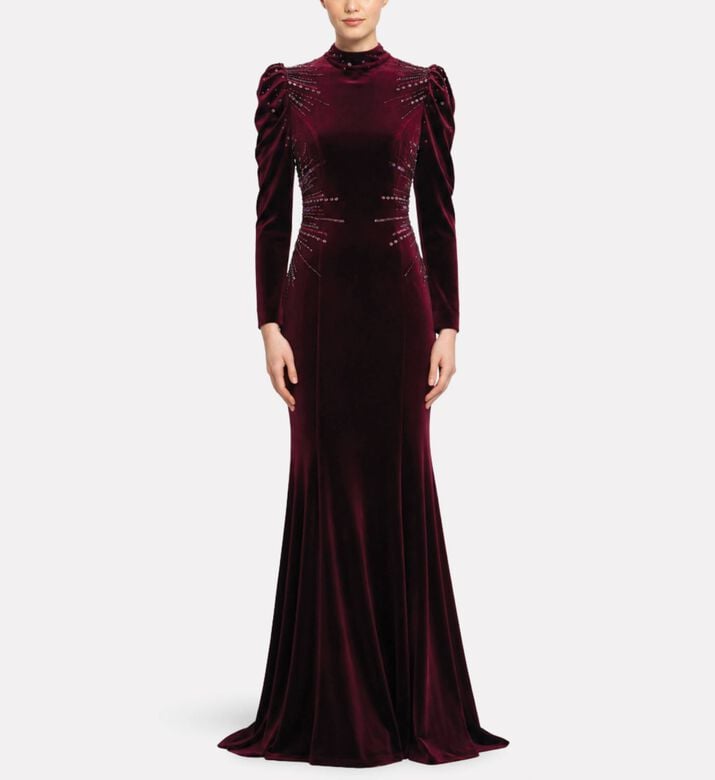 Velvet Embellished High-neck Evening Dress