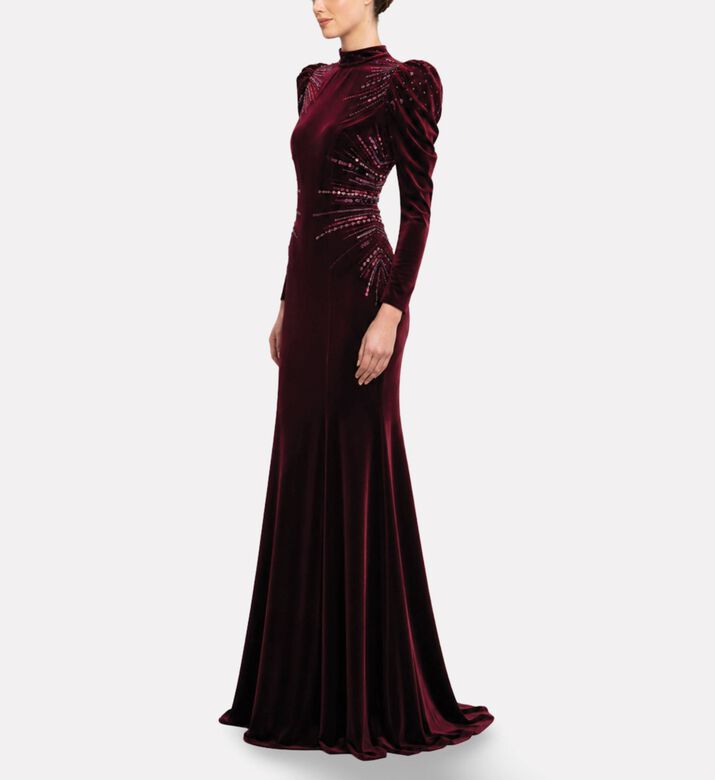 Velvet Embellished High-neck Evening Dress